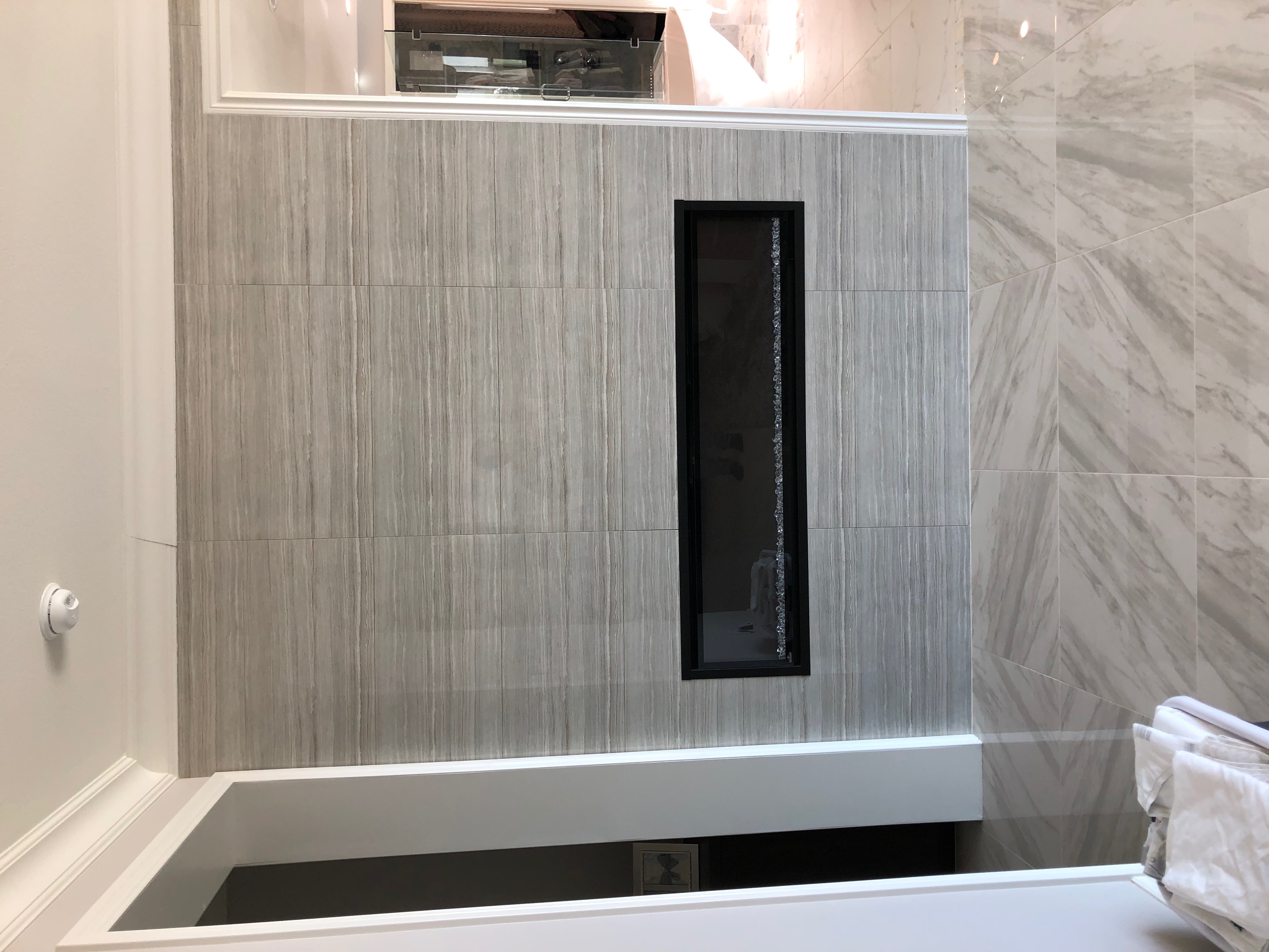 Tile flooring with fireplace surround